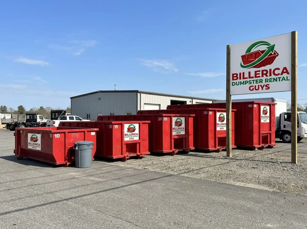 Billerica Dumpster Rental Guys team member beside a roll-off dumpster in Billerica, MA