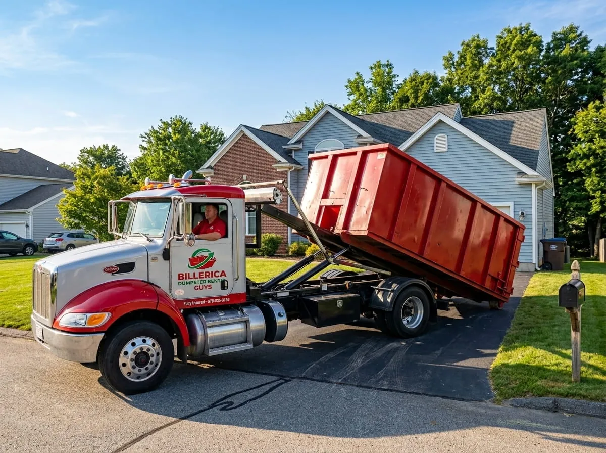Same-day dumpster delivery in Billerica, MA Billerica Dumpster Rental Guys truck delivering a roll-off dumpster to a Billerica MA driveway