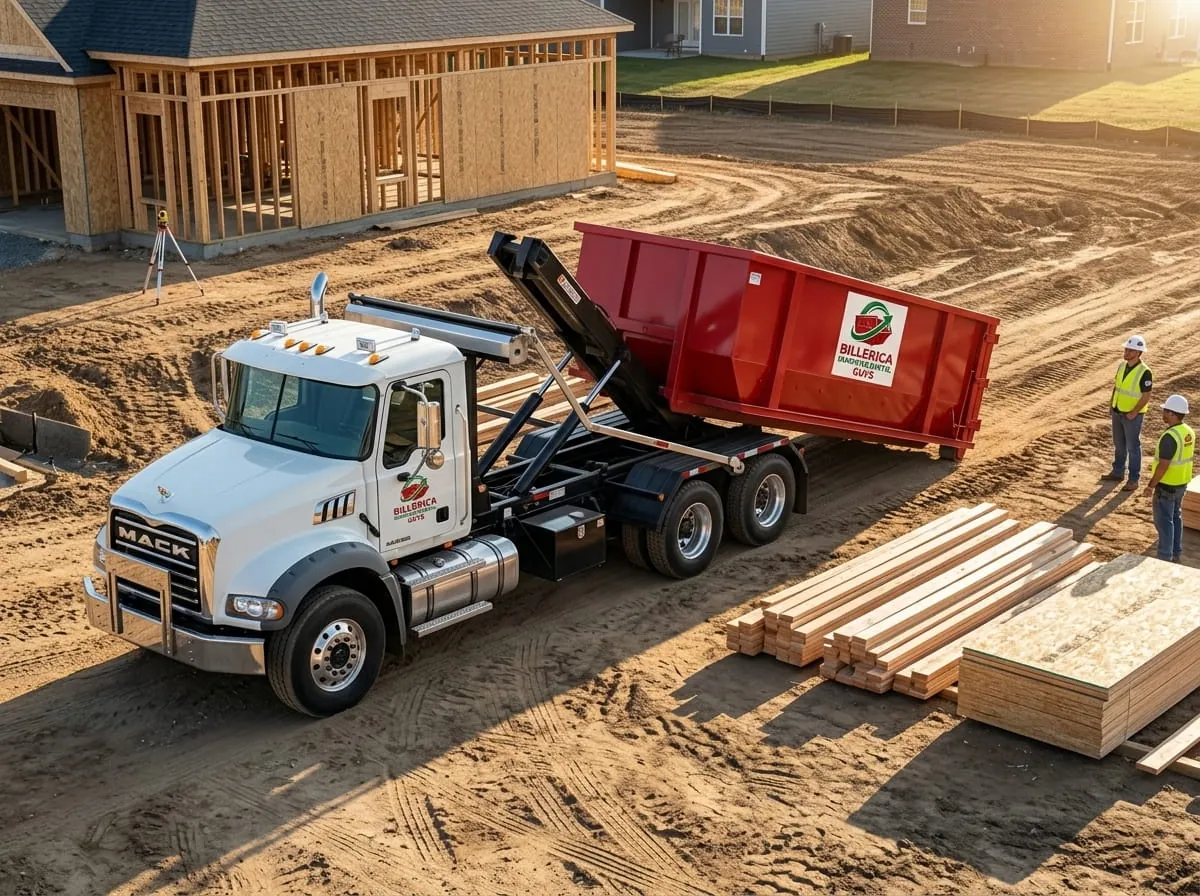 Heavy demolition dumpster being loaded onto a truck in Billerica, MA